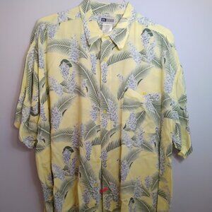 Vintage Men's Hawaiian Camp Shirt XXL Yellow Palm Print Rayon Beach Cabana